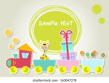 children train illustration with giraffe and gift