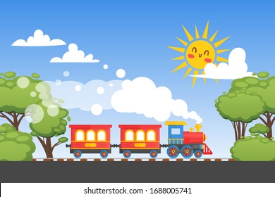 Children train ride on child railway, funny sun, green forest, cloud, flat vector illustration. Design banner, kid locomotive and red wagon, baby toy for child development, growth.