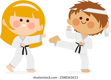 Children training, girl and boy karate athletes in martial arts uniforms. Karate, Taekwondo, judo, jujitsu, kickboxing, or kung fu suits. Vector illustration