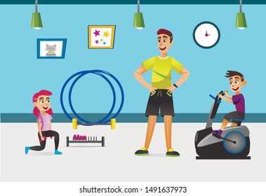 Children Training in Gym Flat Cartoon Vector Illustration. People Characters. Trainer and Children with Sporting Equipment such as Gymnastic Hoop, Exercise Bike, Dumbbells. Teacher with Pupils.
