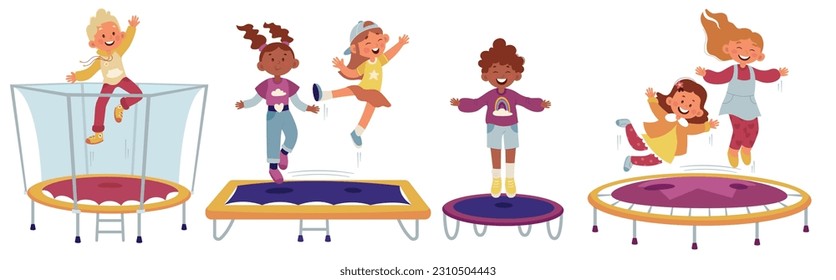Children and trampolines flat illustrations set. Happy boys and girls jumping. Acrobatic and gymnastic exercises. Child activities design elements