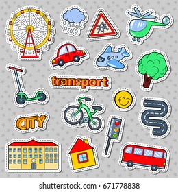 Children Transport Doodle with Bicycle, Bus and Airplane. Childhood Stickers, Badges and Patches. Vector illustration