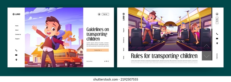 Children transporting rules and guideline landing pages. Funny little students sitting inside of school bus. Happy pupil boy waving hands. Safety for kids transportation, Cartoon vector web banners