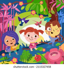 Children travel through jungle, tropical forests. Funny cartoon character. Vector illustration.