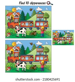 Children traveling by train. Find 10 differences. attention and worksheet.