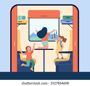 Children traveling by train. Kids having fun on couches in carriage interior. Flat vector illustration. Trip, transport, transportation concept for banner, website design or landing web page