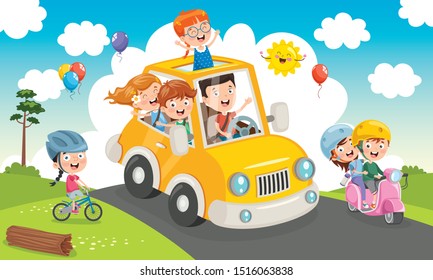 Children Travelling With A Funny Car