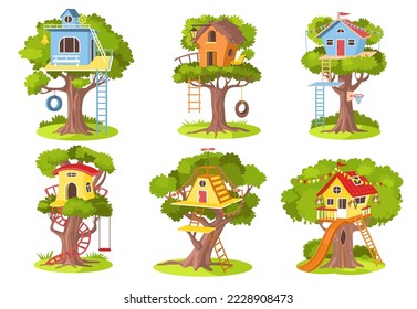 Children tree houses. Kids playing constructions with rope and wooden ladders. Tire swings. Cozy buildings on wood branches. Little homes. Playground huts. Splendid