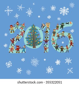 Children, Tree, New Year, figures from the 2016 figures of children.
Blue background with a large number of different snowflakes.