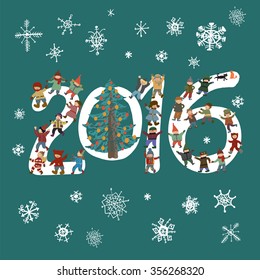 Children, Tree, New Year, figures from the 2016 figures of children. Blue background with a large number of different snowflakes.