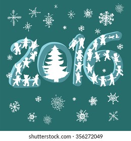 Children, Tree, New Year, figures from the 2016 figures of children. Dark background with lots of different snowflakes. White silhouettes.