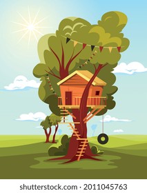 Children tree wood house composition with vertical landscape and huge tree with attached house and ladder vector illustration