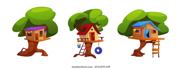 Children treehouse with ladder, tire swing, garlands and flags decoration. Cartoon vector cute kids house on green garden or park trees for summer activity and play. Child wood hut for playground.