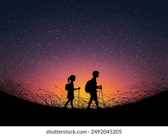 Children with trekking poles. Brother and sister travel under stars