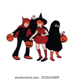 Children Trick or Treating in Halloween Costumes Witch, Devil, and Ghost Illustration