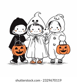 Children trick - or - treating in homemade costumes on a crisp Halloween night. Vector Illustration.