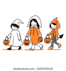Children trick - or - treating in homemade costumes on a crisp Halloween night. Vector Illustration.