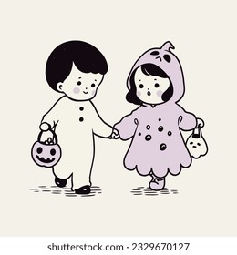 Children trick - or - treating in homemade costumes on a crisp Halloween night. Vector Illustration.