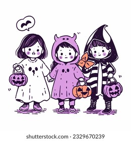 Children trick - or - treating in homemade costumes on a crisp Halloween night. Vector Illustration.
