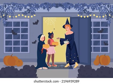 Children trick or treating on Halloween flat color vector illustration. Holiday tradition to ask for sweets. Fully editable 2D simple cartoon characters with night street on background