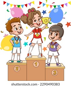 Podio ganador. Ganadora afortunada en un podio con una Copa. Personajes de dibujos animados coloridos. Graciosa ilustración vectorial. Aislado sobre fondo blanco