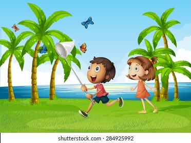 Children trying to catch butterflyy in an open area