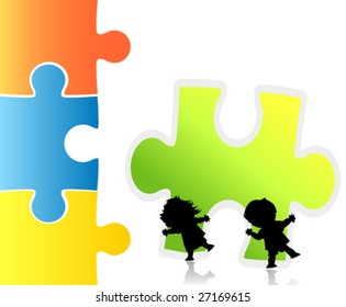 children trying to make a puzzle