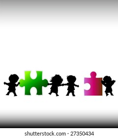 children trying to make a puzzle