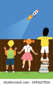 Children Trying To Watch A Launch Of A Rocket Ship, One Boy Is  Standing On A Pile Of Books Helping Him To See, EPS 8 Vector Illustration