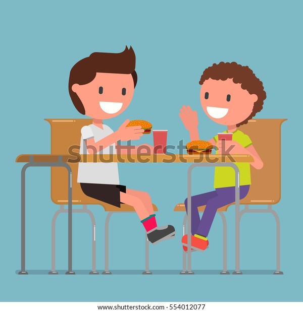 子どもたち 男の子2人は食堂 喫茶店 喫茶店でハンバーガーを食べる テーブルに座って話しながらベクターイラスト フラットデザインスタイル アニメーション 個々のセグメント に適している のベクター画像素材 ロイヤリティフリー