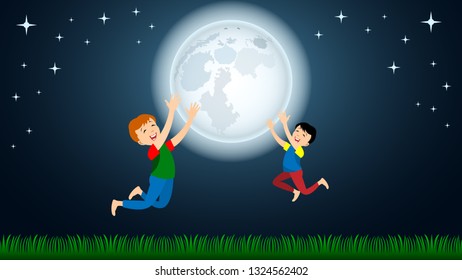 Children, two boys enjoy the huge full Moon on green grass against the night starry sky. Cartoon flat style vector illustration