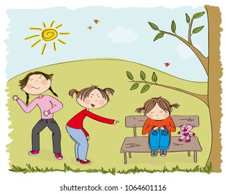 Children (two girls) bullying poor girl, sneering, offending her. The poor kid is sitting on the bench in the park, sobbing. Original hand drawn illustration of aggression towards other child.