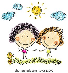 children two girls flowers and sun children two nature kid pair group friendship couple child people scene human earth fun small cloud sun outdoors clouds dancing scenery size tiny youth smiling grinn