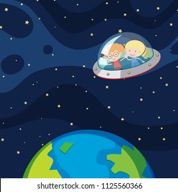 Children in UFO in Space illustration