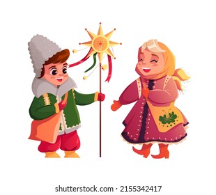 Kinder in der Ukraine singen Weihnachtslieder einzeln auf weißem Hintergrund. Ukrainische Karoler. Weihnachtsstern. Vektorcute Illustration im Cartoon-Stil.