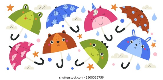 Children umbrellas with cute pattern design and kawaii animal characters accessories for autumn spring bad weather condition set. Different cartoon parasol for kids fun under rain vector illustration