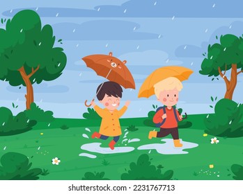 Children with umbrellas enjoying summer rainy weather, flat cartoon vector illustration. Boy and girl in raincoat playing outdoors with umbrella and puddles in rainy day. - Shutterstock ID 2231767713