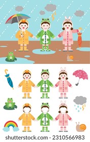 Children with umbrellas. Vector Illustration rainy day.