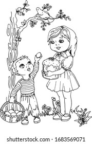 children under 5 years old are holding a pasque and a basket of eggs