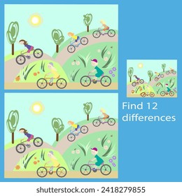 for children under 7 years old, find 12 differences in children on bicycles