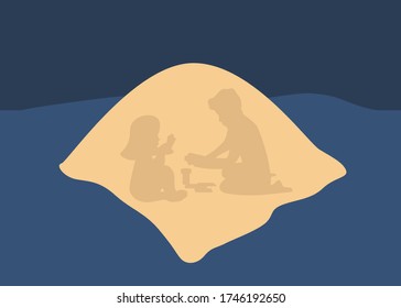 Children under the covers play games with a flashlight at night. Silhouette of a boy and a girl. Vector illustration.