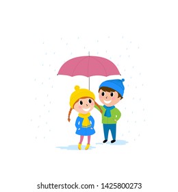 Children under the umbrella. Autumn rainy day. Vector illustration of a cartoon design