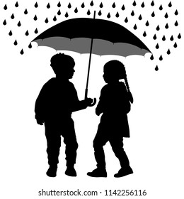 Children Under The Umbrella Are Hiding From The Rain, Silhouette Vector