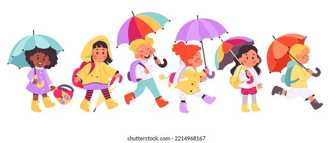 Children under umbrellas flat icons set. Kids walking outside. Different variations of umbrellas accessories. Warm clothes for cold weather. Running under rain with backpacks