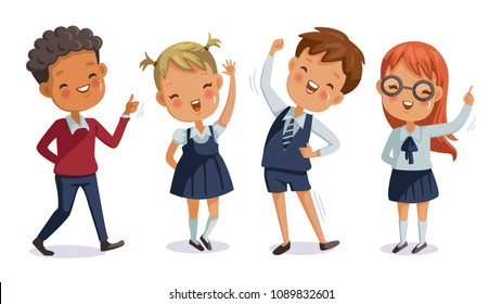 uniforme infantil. volta à escola. meninos e meninas de sinal de mão. personagem bonito. sorriso feliz. ilustração vetorial dos desenhos animados, isolada no fundo branco