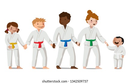 Children in uniform hold hands. Colorful vector flat illustration. Suitable for oriental martial arts such as aikido, judo, karate, jiu-jitsu, budo