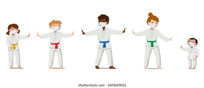 Children in uniform and medical masks keep their distance. Colorful vector flat illustration. Suitable for oriental martial arts such as aikido, judo, karate, jiu-jitsu, budo