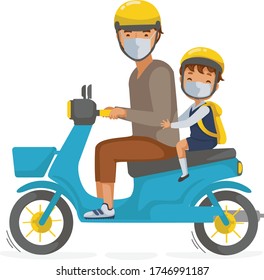 
Children in uniform on motorcycles. Boy and parents wearing a surgical mask. New Normal concept. Back to school. Son and father ride a motorcycle to the school. Cartoon vector illustration.