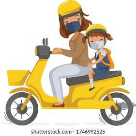 Niños uniformados en motocicletas. Niña y padres con una máscara quirúrgica. Nuevo concepto normal. De vuelta a la escuela. Hija y madre conducen una motocicleta al colegio. Ilustración vectorial de dibujos animados.