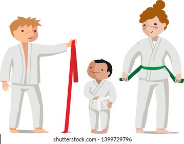 Children in uniform tie a belt. Suitable for oriental martial arts such as aikido, judo, karate, jiu-jitsu, budo